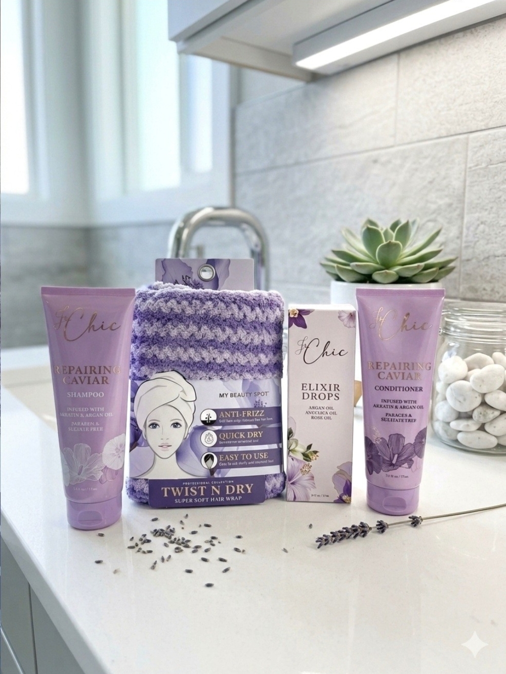 NWT 4-Piece Le Chic Hair Care Set: Shampoo, Conditioner, Elixir & Hair Wrap